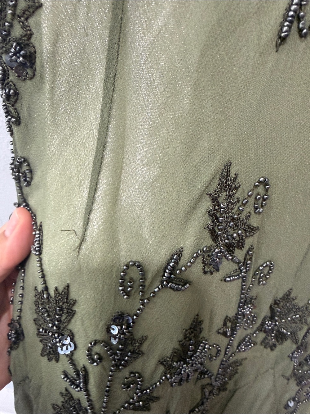 Papell Boutique Vintage Olive Green Embroidered V-Neck Midi Dress Size 8 Petite - Picture 5 of 14